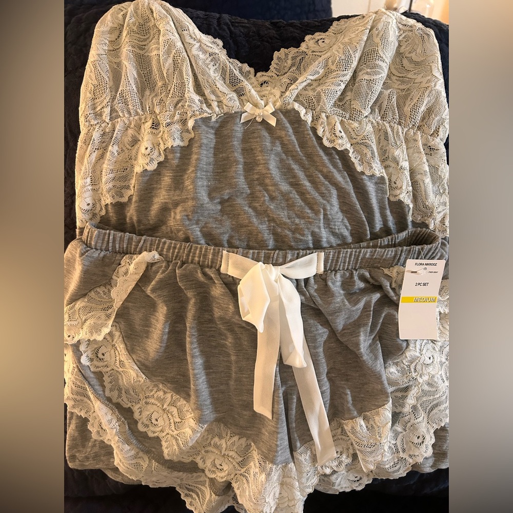 Flora Nikrooz Gray and Cream Lace Pajama Set